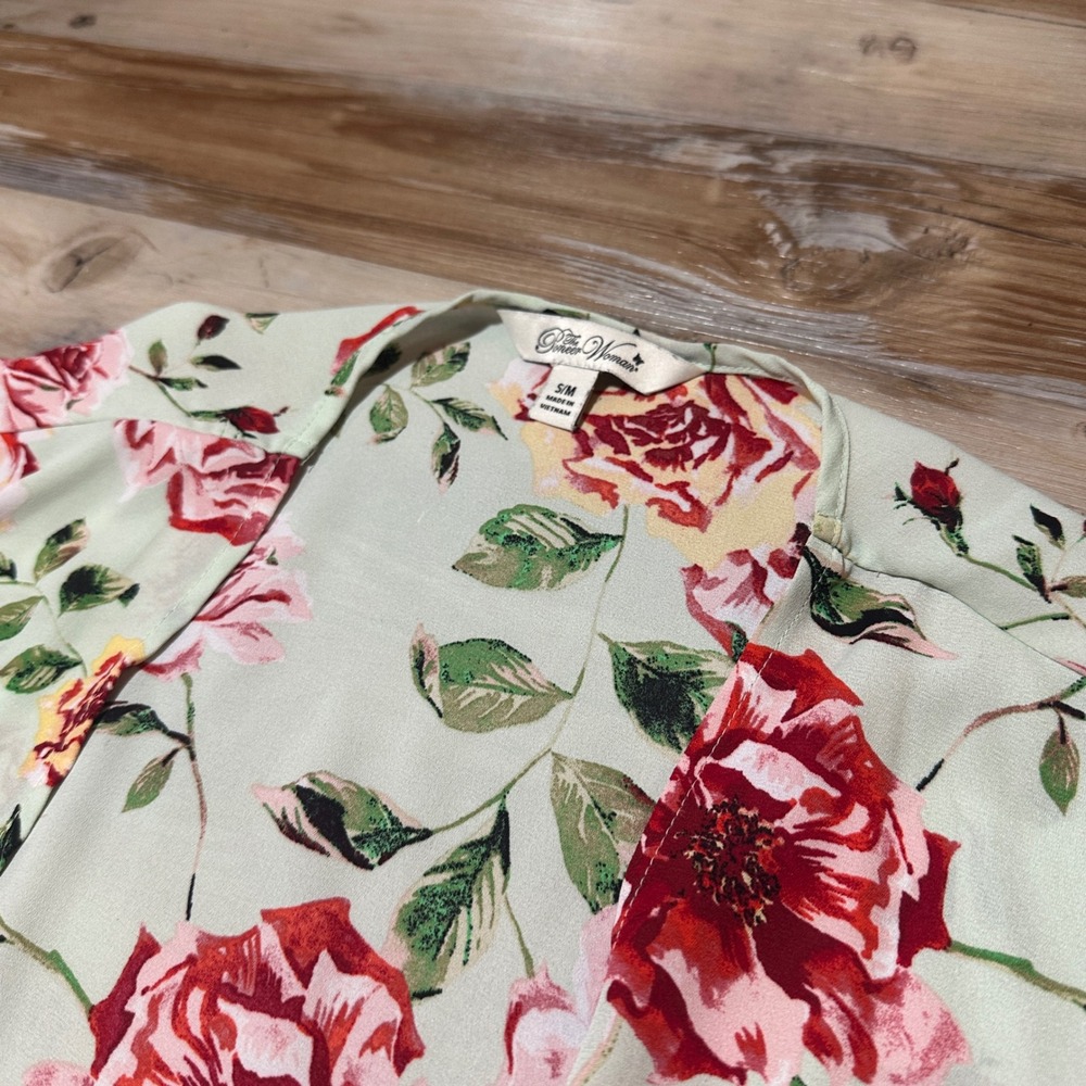 The Pioneer Woman Floral Duster Kimono Mint Green Red Roses Open Front S/M - Picture 3 of 3